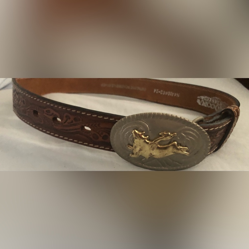 Nocona Belt Co Tooled Leather Western Bull Rider Kids Belt & Buckle Size 24